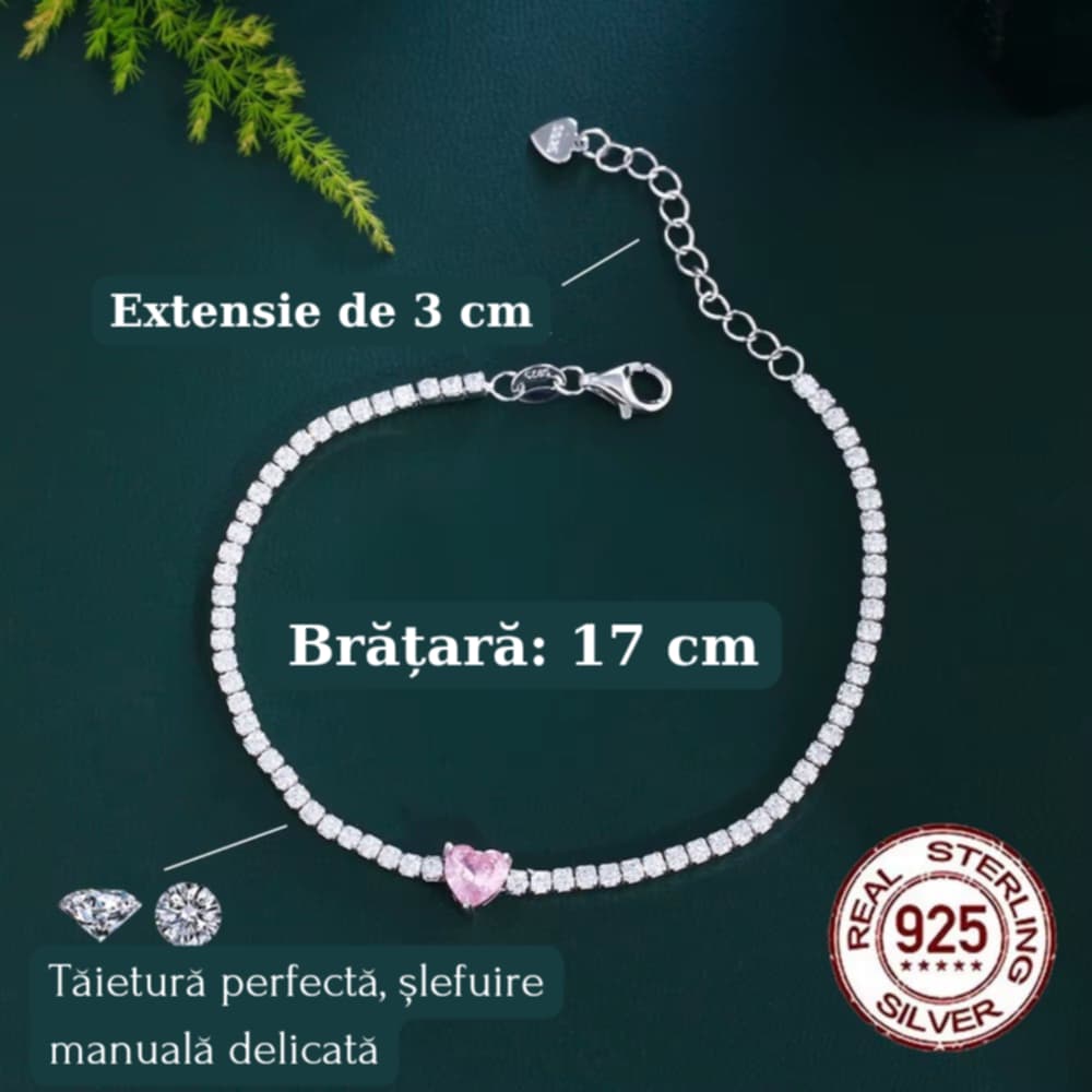Bratara Tennis de Argint cu Inimă roz
